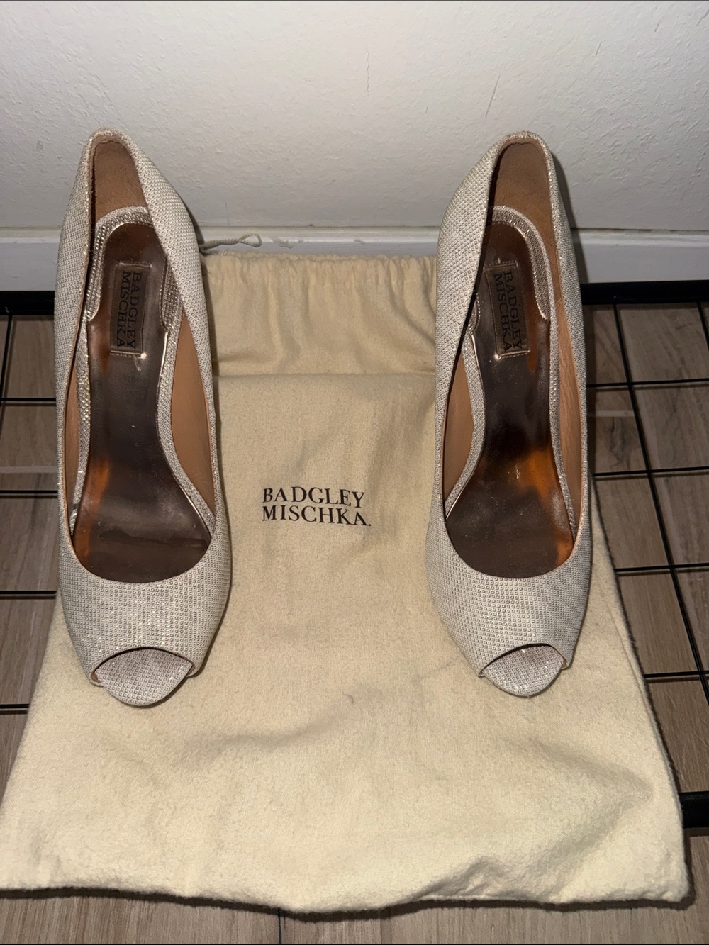 Badgley Mischka Ivory Sparkle Peep-Toe Heels - Women’s 10M